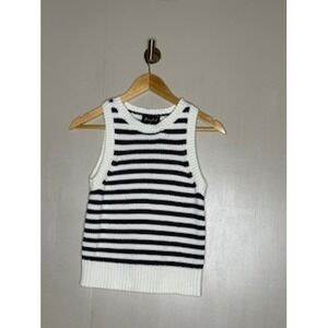 Marbled Stripe Knit Sweater Tank XS Black White Cropped Preppy Minimalist
